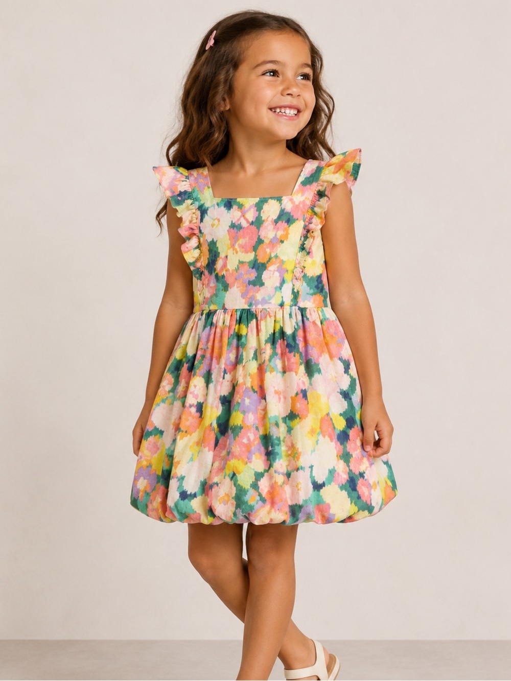 Baby Gap Linen Blend Floral Dress Size 5 Ruffle Sleeve